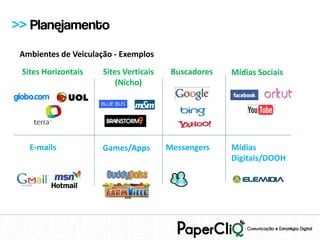 >> Planejamento
 Ambientes de Veiculação - Exemplos
 Sites Horizontais    Sites Verticais    Buscadores   Mídias Sociais
                          (Nicho)




   E-mails            Games/Apps        Messengers    Mídias
                                                      Digitais/DOOH
 