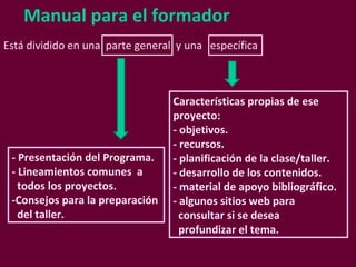 - Presentación del Programa.  - Lineamientos comunes  a  todos los proyectos. -Consejos para la preparación del taller. Características propias de ese proyecto:  - objetivos. - recursos. - planificación de la clase/taller. - desarrollo de los contenidos. - material de apoyo bibliográfico. - algunos sitios web para  consultar si se desea  profundizar el tema. Manual para el formador Está dividido en una  parte general  y una  específica 