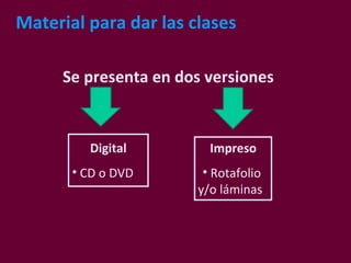 Se presenta en dos versiones Impreso Rotafolio y/o láminas  Digital CD o DVD Material para dar las clases 