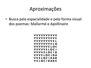 Aproximações	
  
•  Busca	
  pela	
  espacialidade	
  e	
  pela	
  forma	
  visual	
  
dos	
  poemas:	
  Mallarmé	
  e	
  Apollinaire	
  
 