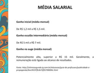 MÉDIA SALARIAL
Ganho inicial (média mensal)
De R$ 1,2 mil a R$ 1,5 mil.
Ganho escalão intermediário (média mensal)
De R$ 5 mil a R$ 7 mil.
Ganho no auge (média mensal)
Potencialmente alto, superior a R$ 15 mil. Geralmente, a
remuneração está ligada ao alcance de resultados.
Fonte: http://ultimosegundo.ig.com.br/educacao/guia-de-profissoes/publicidade-e-
propaganda/4ee39197fb3b72f05700004c.html
 