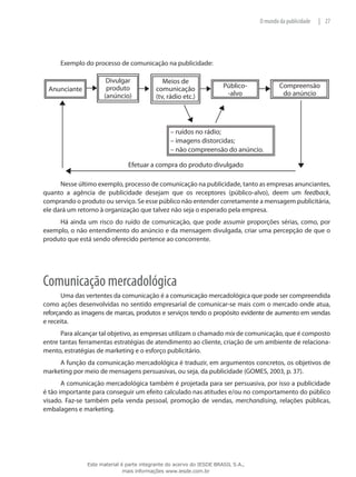 27|O mundo da publicidade
Exemplo do processo de comunicação na publicidade:
Anunciante Compreensão
do anúncio
Divulgar
produto
(anúncio)
Público-
-alvo
Meios de
comunicação
(tv, rádio etc.)
– ruídos no rádio;
– imagens distorcidas;
– não compreensão do anúncio.
Efetuar a compra do produto divulgado
Nesse último exemplo, processo de comunicação na publicidade, tanto as empresas anunciantes,
quanto a agência de publicidade desejam que os receptores (público-alvo), deem um feedback,
comprando o produto ou serviço. Se esse público não entender corretamente a mensagem publicitária,
ele dará um retorno à organização que talvez não seja o esperado pela empresa.
Há ainda um risco do ruído de comunicação, que pode assumir proporções sérias, como, por
exemplo, o não entendimento do anúncio e da mensagem divulgada, criar uma percepção de que o
produto que está sendo oferecido pertence ao concorrente.
Comunicação mercadológica
Uma das vertentes da comunicação é a comunicação mercadológica que pode ser compreendida
como ações desenvolvidas no sentido empresarial de comunicar-se mais com o mercado onde atua,
reforçando as imagens de marcas, produtos e serviços tendo o propósito evidente de aumento em vendas
e receita.
Para alcançar tal objetivo, as empresas utilizam o chamado mix de comunicação, que é composto
entre tantas ferramentas estratégias de atendimento ao cliente, criação de um ambiente de relaciona-
mento, estratégias de marketing e o esforço publicitário.
A função da comunicação mercadológica é traduzir, em argumentos concretos, os objetivos de
marketing por meio de mensagens persuasivas, ou seja, da publicidade (GOMES, 2003, p. 37).
A comunicação mercadológica também é projetada para ser persuasiva, por isso a publicidade
é tão importante para conseguir um efeito calculado nas atitudes e/ou no comportamento do público
visado. Faz-se também pela venda pessoal, promoção de vendas, merchandising, relações públicas,
embalagens e marketing.
Este material é parte integrante do acervo do IESDE BRASIL S.A.,
mais informações www.iesde.com.br
 