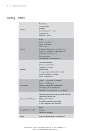 Briefing – Roteiro
Empresa
Razão Social.
Nome Fantasia.
Histórico.
Localização (matriz e filiais).
Organograma.
Imagem da marca.
Produto
Nome.
Linhas de produtos.
Preços do produto.
Ciclo de vida.
Embalagem (tipos, pesos, conteúdos etc.).
Composição industrial / matérias-primas.
Pontos positivos do produto.
Pontos negativos.
Características únicas do produto.
Mercado
Concorrentes diretos.
Concorrentes indiretos.
Tamanho do mercado.
Sazonalidade.
Ameaças e oportunidades de mercado.
Como é distribuído o produto?
Canais de distribuição.
Consumidor
Quem é o consumidor do produto?
Quem é o público-alvo?
Hábitos e atitudes dos consumidores.
Influências culturais e ambientais.
Razões de compras racionais ou emocionais?
Comunicação e Pesquisa
Campanhas publicitárias e pesquisas já realizadas.
Objetivo de comunicação.
Objetivo de marketing.
Conteúdo básico da comunicação.
O que a campanha deve transmitir?
Meios de Comunicação
Meios.
Veículos.
Período de veiculação.
Verba Quanto será investido em comunicação?
42 | Agência de publicidade
Este material é parte integrante do acervo do IESDE BRASIL S.A.,
mais informações www.iesde.com.br
 