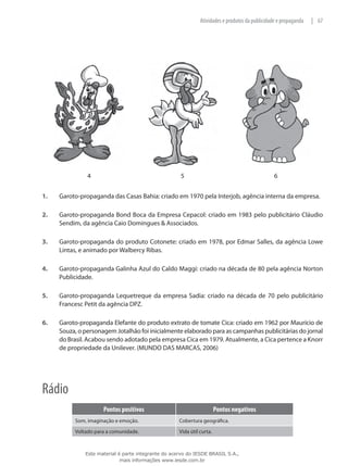 67|Atividades e produtos da publicidade e propaganda
4 5 6
1.	 Garoto-propaganda das Casas Bahia: criado em 1970 pela Interjob, agência interna da empresa.
2.	 Garoto-propaganda Bond Boca da Empresa Cepacol: criado em 1983 pelo publicitário Cláudio
Sendim, da agência Caio Domingues & Associados.
3.	 Garoto-propaganda do produto Cotonete: criado em 1978, por Edmar Salles, da agência Lowe
Lintas, e animado por Walbercy Ribas.
4.	 Garoto-propaganda Galinha Azul do Caldo Maggi: criado na década de 80 pela agência Norton
Publicidade.
5.	 Garoto-propaganda Lequetreque da empresa Sadia: criado na década de 70 pelo publicitário
Francesc Petit da agência DPZ.
6.	 Garoto-propaganda Elefante do produto extrato de tomate Cica: criado em 1962 por Maurício de
Souza, o personagem Jotalhão foi inicialmente elaborado para as campanhas publicitárias do jornal
do Brasil. Acabou sendo adotado pela empresa Cica em 1979. Atualmente, a Cica pertence a Knorr
de propriedade da Unilever. (MUNDO DAS MARCAS, 2006)
Rádio
Pontos positivos Pontos negativos
Som, imaginação e emoção. Cobertura geográfica.
Voltado para a comunidade. Vida útil curta.
Este material é parte integrante do acervo do IESDE BRASIL S.A.,
mais informações www.iesde.com.br
 