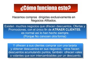 ¿Cómo funciona esto?   Hacemos compras  dirigidas exclusivamente en Negocios Afiliados. Existen  muchos negocios que ofrecen descuentos, Ofertas y Promociones, con el único fin de  ATRAER CLIENTES . es normal así lo han hecho siempre. (Porque No conocen otra forma) Y ofrecen a sus clientes comprar con una tarjeta  y obtener descuentos en sus negocios,  otros hacen  descuentos acumulando puntos, también  ofrecen vales o volantes que son intercambiables por un descuento. 
