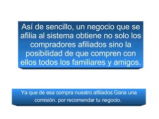Así de sencillo, un negocio que se afilia al sistema obtiene no solo los compradores afiliados sino la posibilidad de que compren con ellos todos los familiares y amigos. Ya que de esa compra nuestro afiliados Gana una comisión. por recomendar tu negocio.   
