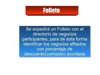 Folleto  Se expedirá un Folleto con el directorio de negocios participantes, para de ésta forma identificar los negocios afiliados con porcentaje de descuento(comisión) acordada 
