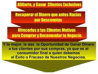 Afiliarte, y Ganar  Clientes Exclusivos Recuperar el Dinero que antes Hacías por Descuentos Ofrecerles a tus Clientes Motivos  para Comprar y Recomendar tu Negocio. Y lo mejor, le das  la Oportunidad de Ganar Dinero  a tus clientes por sus compras, ya que es al  consumidor final a quien debemos  el Éxito o Fracaso de Nuestros Negocios.  