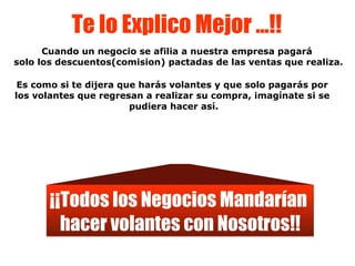 Te lo Explico Mejor …!! Cuando un negocio se afilia a nuestra empresa pagará  solo los descuentos(comision) pactadas de las ventas que realiza. Es como si te dijera que harás volantes y que solo pagarás por  los volantes que regresan a realizar su compra, imagínate si se  pudiera hacer así. ¡¡Todos los Negocios Mandarían  hacer volantes con Nosotros!! 