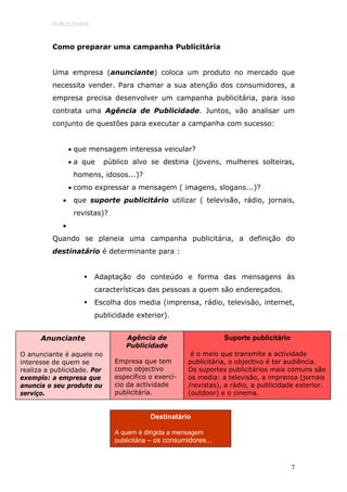 PUBLICIDADE



          Como preparar uma campanha Publicitária


          Uma empresa (anunciante) coloca um produto no mercado que
          necessita vender. Para chamar a sua atenção dos consumidores, a
          empresa precisa desenvolver um campanha publicitária, para isso
          contrata uma Agência de Publicidade. Juntos, vão analisar um
          conjunto de questões para executar a campanha com sucesso:


                 • que mensagem interessa veicular?
                 • a que     público alvo se destina (jovens, mulheres solteiras,
                  homens, idosos...)?
                 • como expressar a mensagem ( imagens, slogans...)?
             •    que suporte publicitário utilizar ( televisão, rádio, jornais,
                  revistas)?
             •
          Quando se planeia uma campanha publicitária, a definição do
          destinatário é determinante para :


                        Adaptação do conteúdo e forma das mensagens às
                        características das pessoas a quem são endereçados.
                        Escolha dos media (imprensa, rádio, televisão, internet,
                        publicidade exterior).


      Anunciante                   Agência de                       Suporte publicitário
                                   Publicidade
O anunciante é aquele no                                 é o meio que transmite a actividade
interesse de quem se            Empresa que tem         publicitária, o objectivo é ter audiência.
realiza a publicidade. Por      como objectivo          Os suportes publicitários mais comuns são
exemplo: a empresa que          específico o exercí-    os media: a televisão, a imprensa (jornais
anuncia o seu produto ou        cio da actividade       /revistas), a rádio, a publicidade exterior.
serviço.                        publicitária.           (outdoor) e o cinema.


                                            Destinatário

                                A quem é dirigida a mensagem
                                publicitária – os consumidores...



                                                                                           7
 