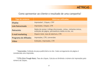 MÉTRICAS

          Como apresentar ao cliente o resultado de uma campanha?

   Tipo de anúncio
   Tipo de anúncio                                  Métricas utilizadas
Display                     Impressões1, Cliques, CTR2

Link Patrocinado            Impressões, Cliques, CTR

                            Dados de acesso: tráfego direcionado, visitas, visitantes únicos,
Patrocínio                  exibições de página, permanência média no site, etc
E mail
E‐mail marketing            Disparo total, taxa de abertura, CTR

Programa de Afiliados       Impressões, CTR, conversões

Vídeo                       Exibições, impressões, CTR




     1 Impressões: Exibição da peça publicitária no site. Cada carregamento de página é
                                                    site
 considerada uma impressão.

     2CTR (Click Trough Rate): Taxa de cliques. Calcula-se dividindo o número de impressões pelo
                                                Calcula se
 número de cliques.


                                               27
 