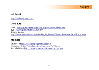FONTES

IAB Brasil
http://iabbrasil.ning.com/
   p                g

Midia Kits
Terra – htt // bli id d t
T       http://publicidade.terra.com.br/publicidade/index.html
                                     b / bli id d /i d ht l
UOL – http://publicidade.uol.com.br/
Guia da Semana –
http://www.guiadasemana.com.br/Rio_de_Janeiro/Cinema/Funcionalidade/Precos.aspx
http://www.guiadasemana.com.br/Rio de Janeiro/Cinema/Funcionalidade/Precos.aspx

Afiliados
Adsense – https://www.google.com.br/adsense
Submarino – http://afiliados.submarino.com.br/affiliates/
Mercado Livre – http://pmsapp.mercadolivre.com.br/jm/pms




                                        29
 