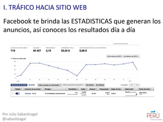 Facebook	
  te	
  brinda	
  las	
  ESTADISTICAS	
  que	
  generan	
  los	
  
anuncios,	
  así	
  conoces	
  los	
  resultados	
  día	
  a	
  día	
  
Por	
  Julio	
  Sabas=zagal	
  
@sabas=zagal	
  
I.	
  TRÁFICO	
  HACIA	
  SITIO	
  WEB	
  
 