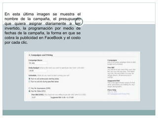En esta última imagen se muestra el nombre de la campaña, el presupuesto que quiera asignar diariamente a ser invertido, la programación por medio de fechas de la campaña, la forma en que se cobra la publicidad en FaceBook y el costo por cada clic.  