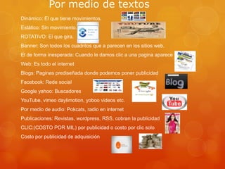 Por medio de textos
Dinámico: El que tiene movimientos.
Estático: Sin movimiento.

ROTATIVO: El que gira.
Banner: Son todos los cuadritos que a parecen en los sitios web.
El de forma inesperada: Cuando le damos clic a una pagina aparece
Web: Es todo el internet
Blogs: Paginas prediseñada donde podemos poner publicidad
Facebook: Rede social
Google yahoo: Buscadores
YouTube, vimeo daylimotion, yoboo videos etc.
Por medio de audio: Pokcats, radio en internet
Publicaciones: Revistas, wordpress, RSS, cobran la publicidad
CLIC:(COSTO POR MIL) por publicidad o costo por clic solo
Costo por publicidad de adquisición

 