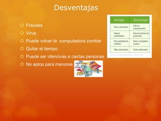 Desventajas
 Fraudes
 Virus
 Puede volver la computadora zombie
 Quitar el tiempo
 Puede ser ofencivas a ciertas personas
 No aptos para menores

 