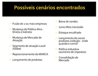 Fusão de 2 ou mais empresas
Mudança de Público Alvo : 
Direto e Indireto
Mudança de Mercado de 
Atuação 
Segmento de atuação Local 
/Global 
Reposicionamento da MARCA
Lançamento de produtos
Baixa de vendas
Juros Altos /recessão
Estoque encalhado
Lançamento do novos  
produtos /coleção‐ onde 
quando e como?
Política tributária 
(aumento de impostos)
Consolidação de 
Mercado  
 