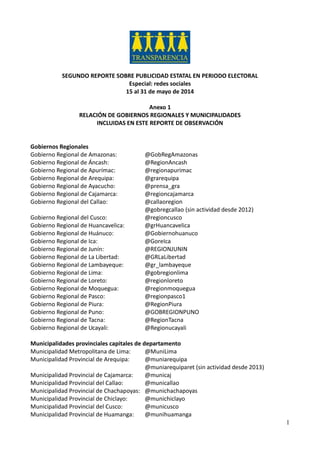 1
SEGUNDO REPORTE SOBRE PUBLICIDAD ESTATAL EN PERIODO ELECTORAL
Especial: redes sociales
15 al 31 de mayo de 2014
Anexo 1
RELACIÓN DE GOBIERNOS REGIONALES Y MUNICIPALIDADES
INCLUIDAS EN ESTE REPORTE DE OBSERVACIÓN
Gobiernos Regionales
Gobierno Regional de Amazonas: @GobRegAmazonas
Gobierno Regional de Áncash: @RegionAncash
Gobierno Regional de Apurímac: @regionapurimac
Gobierno Regional de Arequipa: @grarequipa
Gobierno Regional de Ayacucho: @prensa_gra
Gobierno Regional de Cajamarca: @regioncajamarca
Gobierno Regional del Callao: @callaoregion
@gobregcallao (sin actividad desde 2012)
Gobierno Regional del Cusco: @regioncusco
Gobierno Regional de Huancavelica: @grHuancavelica
Gobierno Regional de Huánuco: @Gobiernohuanuco
Gobierno Regional de Ica: @GoreIca
Gobierno Regional de Junín: @REGIONJUNIN
Gobierno Regional de La Libertad: @GRLaLibertad
Gobierno Regional de Lambayeque: @gr_lambayeque
Gobierno Regional de Lima: @gobregionlima
Gobierno Regional de Loreto: @regionloreto
Gobierno Regional de Moquegua: @regionmoquegua
Gobierno Regional de Pasco: @regionpasco1
Gobierno Regional de Piura: @RegionPiura
Gobierno Regional de Puno: @GOBREGIONPUNO
Gobierno Regional de Tacna: @RegionTacna
Gobierno Regional de Ucayali: @Regionucayali
Municipalidades provinciales capitales de departamento
Municipalidad Metropolitana de Lima: @MuniLima
Municipalidad Provincial de Arequipa: @muniarequipa
@muniarequiparet (sin actividad desde 2013)
Municipalidad Provincial de Cajamarca: @municaj
Municipalidad Provincial del Callao: @municallao
Municipalidad Provincial de Chachapoyas: @munichachapoyas
Municipalidad Provincial de Chiclayo: @munichiclayo
Municipalidad Provincial del Cusco: @municusco
Municipalidad Provincial de Huamanga: @munihuamanga
 