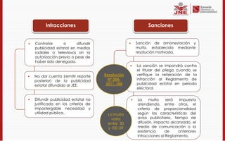 Infracciones                                           Sanciones


   Contratar      o       difundir                       Sanción de amonestación y
    publicidad estatal en medios                           multa, establecida mediante
    radiales o televisivos sin la                          resolución motivada.
    autorización previa o pese de
    haber sido denegada.
                                                          La sanción se impondrá contra
                                                           el titular del pliego cuando se
   No dar cuenta (remitir reporte    Resolución           verifique la reiteración de la
    posterior) de la publicidad         Nº 004-            infracción al Reglamento de
    estatal difundida al JEE.          2011-JNE            publicidad estatal en período
                                                           electoral.

   Difundir publicidad estatal no                        La     multa    será   impuesta
    justificada en los criterios de                        atendiendo, entre otros, el
    impostergable necesidad y                              criterio de proporcionalidad
    utilidad pública.                  La multa            según las características del
                                         varía             aviso publicitario, tiempo de
                                       entre 30            difusión, impacto alcanzado, el
                                       y 100 UIT           medio de comunicación o la
                                                           existencia     de      anteriores
                                                           infracciones al Reglamento.
 