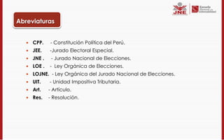 Abreviaturas


      CPP.    - Constitución Política del Perú.
      JEE.    -Jurado Electoral Especial.
      JNE .    - Jurado Nacional de Elecciones.
      LOE .   - Ley Orgánica de Elecciones.
      LOJNE. - Ley Orgánica del Jurado Nacional de Elecciones.
      UIT.    - Unidad Impositiva Tributaria.
      Art.    - Artículo.
      Res.    - Resolución.
 