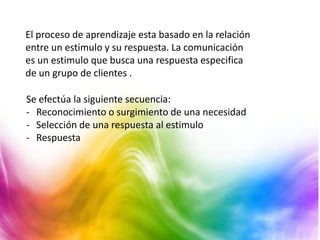 El proceso de aprendizaje esta basado en la relación
entre un estimulo y su respuesta. La comunicación
es un estimulo que busca una respuesta especifica
de un grupo de clientes .

Se efectúa la siguiente secuencia:
- Reconocimiento o surgimiento de una necesidad
- Selección de una respuesta al estimulo
- Respuesta
 