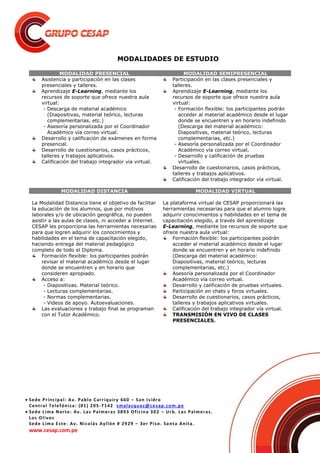  Sede Principal: Av. Pablo Carriquiry 660 – San Isidro
Central Telefónica: (01) 205-7142 smalasquez@cesap.com.pe
 Sede Lima Norte: Av. Las Palmeras 3893 Oficina 302 – Urb. Las Palmeras.
Los Olivos
Sede Lima Este: Av. Nicolás Ayllón # 2929 – 3er Piso. Santa Anita.
www.cesap.com.pe
MODALIDADES DE ESTUDIO
MODALIDAD PRESENCIAL MODALIDAD SEMIPRESENCIAL
Asistencia y participación en las clases
presenciales y talleres.
Aprendizaje E-Learning, mediante los
recursos de soporte que ofrece nuestra aula
virtual:
- Descarga de material académico
(Diapositivas, material teórico, lecturas
complementarias, etc.)
- Asesoría personalizada por el Coordinador
Académico vía correo virtual.
Desarrollo y calificación de exámenes en forma
presencial.
Desarrollo de cuestionarios, casos prácticos,
talleres y trabajos aplicativos.
Calificación del trabajo integrador via virtual.
Participación en las clases presenciales y
talleres.
Aprendizaje E-Learning, mediante los
recursos de soporte que ofrece nuestra aula
virtual:
- Formación flexible: los participantes podrán
acceder al material académico desde el lugar
donde se encuentren y en horario indefinido
(Descarga del material académico:
Diapositivas, material teórico, lecturas
complementarias, etc.)
- Asesoría personalizada por el Coordinador
Académico vía correo virtual.
- Desarrollo y calificación de pruebas
virtuales.
Desarrollo de cuestionarios, casos prácticos,
talleres y trabajos aplicativos.
Calificación del trabajo integrador vía virtual.
MODALIDAD DISTANCIA MODALIDAD VIRTUAL
La Modalidad Distancia tiene el objetivo de facilitar
la educación de los alumnos, que por motivos
laborales y/o de ubicación geográfica, no pueden
asistir a las aulas de clases, ni acceder a Internet.
CESAP les proporciona las herramientas necesarias
para que logren adquirir los conocimientos y
habilidades en el tema de capacitación elegido,
haciendo entrega del material pedagógico
completo de todo el Diploma.
Formación flexible: los participantes podrán
revisar el material académico desde el lugar
donde se encuentren y en horario que
consideren apropiado.
Acceso a:
- Diapositivas. Material teórico.
- Lecturas complementarias.
- Normas complementarias.
- Videos de apoyo. Autoevaluaciones.
Las evaluaciones y trabajo final se programan
con el Tutor Académico.
La plataforma virtual de CESAP proporcionará las
herramientas necesarias para que el alumno logre
adquirir conocimientos y habilidades en el tema de
capacitación elegido, a través del aprendizaje
E-Learning, mediante los recursos de soporte que
ofrece nuestra aula virtual:
Formación flexible: los participantes podrán
acceder al material académico desde el lugar
donde se encuentren y en horario indefinido
(Descarga del material académico:
Diapositivas, material teórico, lecturas
complementarias, etc.)
Asesoría personalizada por el Coordinador
Académico vía correo virtual.
Desarrollo y calificación de pruebas virtuales.
Participación en chats y foros virtuales.
Desarrollo de cuestionarios, casos prácticos,
talleres y trabajos aplicativos virtuales.
Calificación del trabajo integrador vía virtual.
TRANSMISIÓN EN VIVO DE CLASES
PRESENCIALES.
 