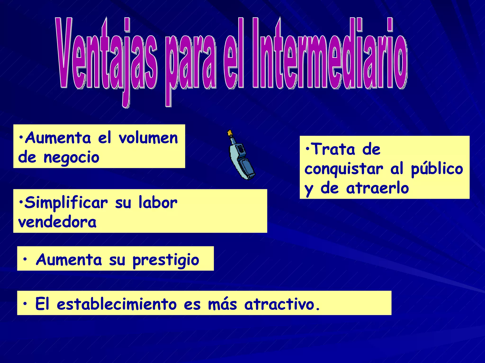 Ventajas para el Intermediario Aumenta el volumen de negocio Trata de conquistar al público y de atraerlo Simplificar su labor vendedora Aumenta su prestigio El establecimiento es más atractivo.