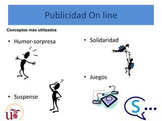 Publicidad On line Humor-sorpresa Suspense Solidaridad Juegos Conceptos más utilizados 