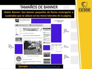 TAMAÑOS DE BANNER 
- Botón Banner: Son banner pequeños de forma rectangular o 
cuadrados que se ubican en los menú laterales de la página. 
Ejemplo: http://www.pescare.com.ar/ 
 
