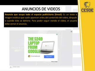 ANUNCIOS DE VIDEOS 
Anuncio que ocupa todo el espacio publicitario (lineal): Es un texto o 
imagen estática que suele aparecer antes del contenido del video, después 
o cuando éste se detiene. Para poder seguir viendo el vídeo, el usuario 
debe cerrar el anuncio. 
 