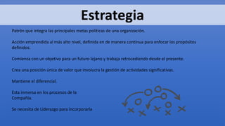 Patrón que integra las principales metas políticas de una organización.
Acción emprendida al más alto nivel, definida en de manera continua para enfocar los propósitos
definidos.
Comienza con un objetivo para un futuro lejano y trabaja retrocediendo desde el presente.
Crea una posición única de valor que involucra la gestión de actividades significativas.
Mantiene el diferencial.
Esta inmersa en los procesos de la
Compañía.
Se necesita de Liderazgo para incorporarla
Estrategia
 