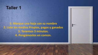 1. Marque una hoja con su nombre
2. Liste los medios Propios, pagos y ganados
3. Tenemos 3 minutos.
4. Pongámoslos en común.
Taller 1
 
