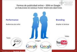 Formas de publicidad online – SEM en Google

LA PUBLICIDAD DE GOOGLE PUEDE TENER DOS OBJETIVOS

Performance

Branding

Audiencias de nicho

Ampliar el alcance

Video

Texto
Imagen

 