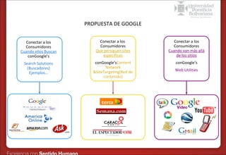 Formas de publicidad online – SEM en Google
PROPUESTA DE GOOGLE

Conectar a los
Consumidores
Cuando ellos Buscan
conGoogle’s

Conectar a los
Consumidores
Que persiguen sites
específicos

Conectar a los
Consumidores
Cuando van más allá
de los sitios

Search Solutions
(Buscadores)
Ejemplos…

conGoogle’sContent
Network
&SiteTargeting(Red de
contenido)

conGoogle’s
Web Utilities

 
