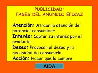 PUBLICIDAD: FASES DEL ANUNCIO EFICAZ Atención:   Atraer la atención del potencial consumidor . Interés:   Captar su interés por el producto Deseo:   Provocar el deseo y la necesidad de consumirlo Acción:   Hacer que lo compre. AIDA 