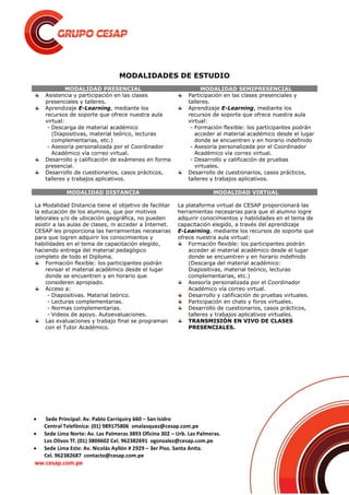  Sede Principal: Av. Pablo Carriquiry 660 – San Isidro
Central Telefónica: (01) 989175806 smalasquez@cesap.com.pe
 Sede Lima Norte: Av. Las Palmeras 3893 Oficina 302 – Urb. Las Palmeras.
Los Olivos Tf. (01) 3804602 Cel. 962382691 ogonzalez@cesap.com.pe
 Sede Lima Este: Av. Nicolás Ayllón # 2929 – 3er Piso. Santa Anita.
Cel. 962382687 contacto@cesap.com.pe
ww.cesap.com.pe
MODALIDADES DE ESTUDIO
MODALIDAD PRESENCIAL MODALIDAD SEMIPRESENCIAL
Asistencia y participación en las clases
presenciales y talleres.
Aprendizaje E-Learning, mediante los
recursos de soporte que ofrece nuestra aula
virtual:
- Descarga de material académico
(Diapositivas, material teórico, lecturas
complementarias, etc.)
- Asesoría personalizada por el Coordinador
Académico vía correo virtual.
Desarrollo y calificación de exámenes en forma
presencial.
Desarrollo de cuestionarios, casos prácticos,
talleres y trabajos aplicativos.
Participación en las clases presenciales y
talleres.
Aprendizaje E-Learning, mediante los
recursos de soporte que ofrece nuestra aula
virtual:
- Formación flexible: los participantes podrán
acceder al material académico desde el lugar
donde se encuentren y en horario indefinido
- Asesoría personalizada por el Coordinador
Académico vía correo virtual.
- Desarrollo y calificación de pruebas
virtuales.
Desarrollo de cuestionarios, casos prácticos,
talleres y trabajos aplicativos.
MODALIDAD DISTANCIA MODALIDAD VIRTUAL
La Modalidad Distancia tiene el objetivo de facilitar
la educación de los alumnos, que por motivos
laborales y/o de ubicación geográfica, no pueden
asistir a las aulas de clases, ni acceder a Internet.
CESAP les proporciona las herramientas necesarias
para que logren adquirir los conocimientos y
habilidades en el tema de capacitación elegido,
haciendo entrega del material pedagógico
completo de todo el Diploma.
Formación flexible: los participantes podrán
revisar el material académico desde el lugar
donde se encuentren y en horario que
consideren apropiado.
Acceso a:
- Diapositivas. Material teórico.
- Lecturas complementarias.
- Normas complementarias.
- Videos de apoyo. Autoevaluaciones.
Las evaluaciones y trabajo final se programan
con el Tutor Académico.
La plataforma virtual de CESAP proporcionará las
herramientas necesarias para que el alumno logre
adquirir conocimientos y habilidades en el tema de
capacitación elegido, a través del aprendizaje
E-Learning, mediante los recursos de soporte que
ofrece nuestra aula virtual:
Formación flexible: los participantes podrán
acceder al material académico desde el lugar
donde se encuentren y en horario indefinido
(Descarga del material académico:
Diapositivas, material teórico, lecturas
complementarias, etc.)
Asesoría personalizada por el Coordinador
Académico vía correo virtual.
Desarrollo y calificación de pruebas virtuales.
Participación en chats y foros virtuales.
Desarrollo de cuestionarios, casos prácticos,
talleres y trabajos aplicativos virtuales.
TRANSMISIÓN EN VIVO DE CLASES
PRESENCIALES.
 