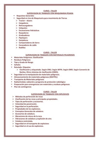 CURSO - TALLER
SUPERVISION DE TRABAJOS CON MAQUINARIA PESADA
 Requisitos Generales
 Seguridad en Uso de Maquinaria para movimiento de Tierras
 Tractor – dozers
 Cargadores
 Retrocargadores
 Volquetes
 Excavaciones hidráulicas
 Raspadores
 Graduadores
 Pipelayers
 Zanjadoras
 Compactadores de tierra
 Excavadores de cable
 Rodillos
CURSO - TALLER
SUPERVISION DE TRABAJOS CON MATERIALES PELIGROSOS
 Materiales Peligrosos. Clasificación
 Residuos Peligrosos
 Tipo y Grado de Riesgo
 Señales
 Rotulado. Etiquetas
 Clasificación y etiquetado. Según ONU. Según NFPA. Según OMS. Según Convenio de
Basilea. Otros sistemas de clasificación (HMIS).
 Seguridad en la manipulación de materiales peligrosos.
 Almacenamiento de materiales peligrosos (MATPEL)
 Transporte de Materiales peligrosos
 Radiactividad, radiación y programa de protección radiológica
 Preparación para emergencias con materiales y residuos peligrosos
 Plan de contingencia
CURSO - TALLER
SUPERVISION DE TRABAJOS CON EXPLOSIVOS
 Métodos de perforación de rocas
 Clasificación de las rocas y principales propiedades.
 Tipos de perforación y accesorios.
 Velocidad de penetración.
 Seguridad en la perforación.
 Propiedades de los explosivos.
 Conceptos Generales de voladura.
 Accesorios de voladura.
 Mecanismo de rotura de la roca.
 Vibraciones de voladura y explosión de aire.
 Voladura controlada.
 Seguridad en el transporte de explosivos
 Seguridad en el uso de explosivos.
 