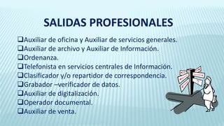 Auxiliar de oficina y Auxiliar de servicios generales.
Auxiliar de archivo y Auxiliar de Información.
Ordenanza.
Telefonista en servicios centrales de Información.
Clasificador y/o repartidor de correspondencia.
Grabador –verificador de datos.
Auxiliar de digitalización.
Operador documental.
Auxiliar de venta.
SALIDAS PROFESIONALES
 