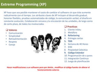 Extreme Programming (XP)
XP hace que sea posible mantener el costo de cambiar el software sin que éste aumente
radicalmente con el tiempo. Los atributos claves de XP incluyen el desarrollo gradual,
horarios flexibles, pruebas automatizadas de código, la comunicación verbal, el diseño en
constante evolución, Colaboración cercana y la vinculación de las unidades, de largo como
de corto plazo, de todos los involucrados
 Valores
• Comunicación
• Simplicidad
• Retroalimentación
• Respeto
• Coraje
Hacer modificaciones a un software pero por detrás , modificar el código fuente sin alterar el
funcionamiento externo
 Practicas
1. Cliente InSitu
2. Metáfora
3. Refactoring
4. Entregas cortas
5. TDD
6. Semana de 40 Horas
7. KISS
8. Propiedad Colectiva
9. Código Estándar
10. Programación de a pares
11. Integración Continua
12. Juego de planificación
 