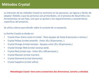 Métodos Crystal
La intención de los métodos Crystal es centrarse en las personas; ser ligeros y fáciles de
adaptar. Debido a que las personas son primordiales, en el proceso de desarrollo y las
herramientas no son fijas, sino que se ajustan a los requerimientos y características
especificas del proyecto.
Se utiliza colores para decidir sobre la variante de un proyecto.
La familia Crystal se divide en:
• Crystal Clear (claro como el cristal - Para equipos de hasta 8 personas o menos.)
• Crystal Yellow (cristal amarillo - Entre 10 y 20 personas. ).
• Crystal Orange (cristal naranja - Equipos entre 20 y 50 personas.).
• Crystal Orange Web (cristal naranja web).
• Crystal Red (cristal rojo - Entre 50 y 100 personas.).
• Crystal Maroon (cristal marrón).
• Crystal Diamond (cristal diamante).
• Crystal Sapphire (cristal zafiro).
Metodologías Crystal tiene como característica dos dimensiones, tamaño y criticidad.
 
