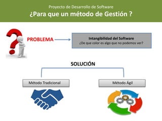 Proyecto de Desarrollo de Software
¿Para que un método de Gestión ?
PROBLEMA Intangibilidad del Software
¿De que color es algo que no podemos ver?
SOLUCIÓN
Método ÁgilMétodo Tradicional
 