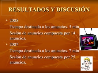 RESULTADOS Y DISCUSIÓN 2005 Tiempo destinado a los anuncios. 5 min. Sesión de anuncios compuesta por 14 anuncios. 2007 Tiempo destinado a los anuncios. 7 min. Sesión de anuncios compuesta por 25 anuncios. 