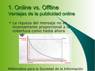 MASmedios para la Sociedad de la Información
1. Online vs. Offline1. Online vs. Offline
Ventajas de la publicidad onlineVentajas de la publicidad online
 La riqueza del mensaje no es
inversamente proporcional a la
cobertura como hasta ahora
 