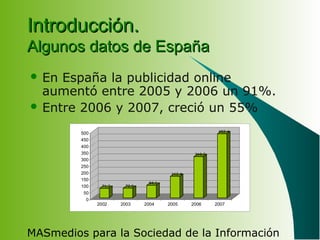 MASmedios para la Sociedad de la Información
Introducción.Introducción.
Algunos datos de EspañaAlgunos datos de España
 En España la publicidad online
aumentó entre 2005 y 2006 un 91%.
 Entre 2006 y 2007, creció un 55%
71,2 72,6
94,6
162,4
310,5
482,4
0
50
100
150
200
250
300
350
400
450
500
2002 2003 2004 2005 2006 2007
 