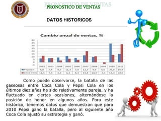   
Como puede observarse, la batalla de las
gaseosas entre Coca Cola y Pepsi Cola en los
últimos diez años ha sido relativamente pareja, y ha
fluctuado en ciertas ocasiones, alternándose la
posición de honor en algunos años. Para este
histórico, tenemos datos que demuestran que para
2010 Pepsi gano la batalla, pero al siguiente año
Coca Cola ajustó su estrategia y ganó.
 