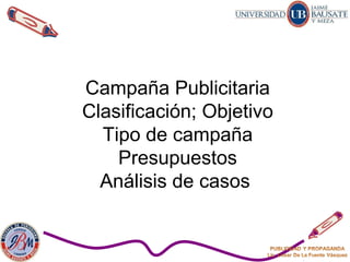 Campaña Publicitaria
Clasificación; Objetivo
Tipo de campaña
Presupuestos
Análisis de casos
 