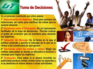Toma de Decisiones
Es un proceso costituido por cinco pasos.
1° Determinación de Objetivos: Sirve para precisar las
intenciones, así como para clarificar las metas que se
quieren alcanzar.
2° Decisiones sobre el Presupesto: Es un instrumento
facilitador de la toma de decisiones. Permite evaluar
el grado de inversión que se mantiene para alcanzar
los objetivos.
3° Adopción del Mensaje: Es la forma en la que el
público entiende y asimila el mensaje de lo que se le
ofrece y las consecuencias que genere.
4° Decisiones sobre los medios a utilizar: Elegir los
medios adecuados en donde se difundirá el anuncio o
mensaje para lograr los objetivos.
5° Evaluación: Para saber si el dinero invertido en
publicidad produce tantas ventas como se esperaba y
si se destinara el mismo dinero a otras actividades.

 