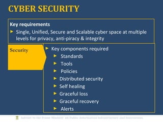 CYBER SECURITY
► Key components required
► Standards
► Tools
► Policies
► Distributed security
► Self healing
► Graceful loss
► Graceful recovery
► Alerts
Security
Key requirements
► Single, Unified, Secure and Scalable cyber space at multiple
levels for privacy, anti-piracy & integrity
 