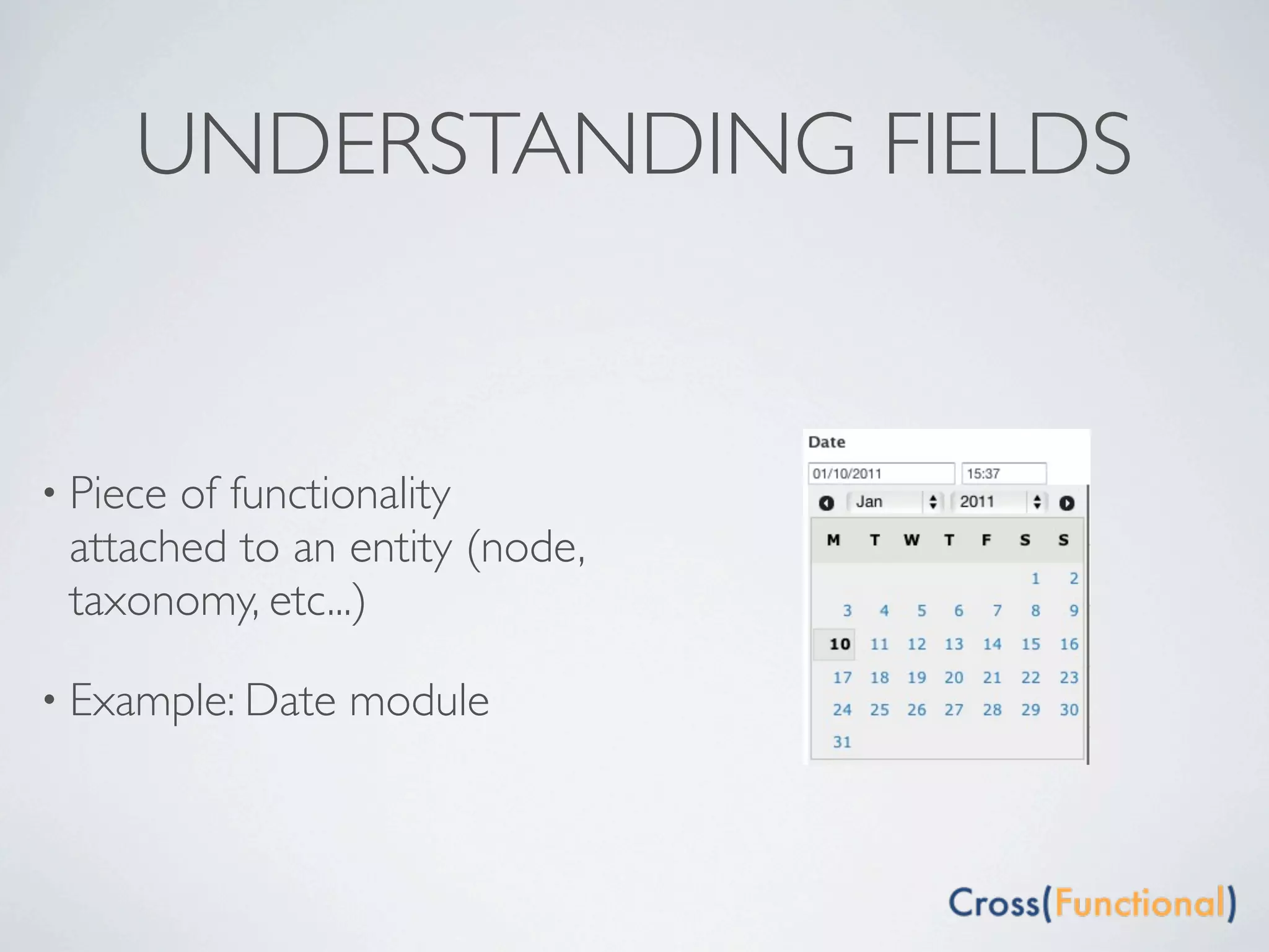 UNDERSTANDING FIELDS


• Pieceof functionality
 attached to an entity (node,
 taxonomy, etc...)

• Example: Date   module
 