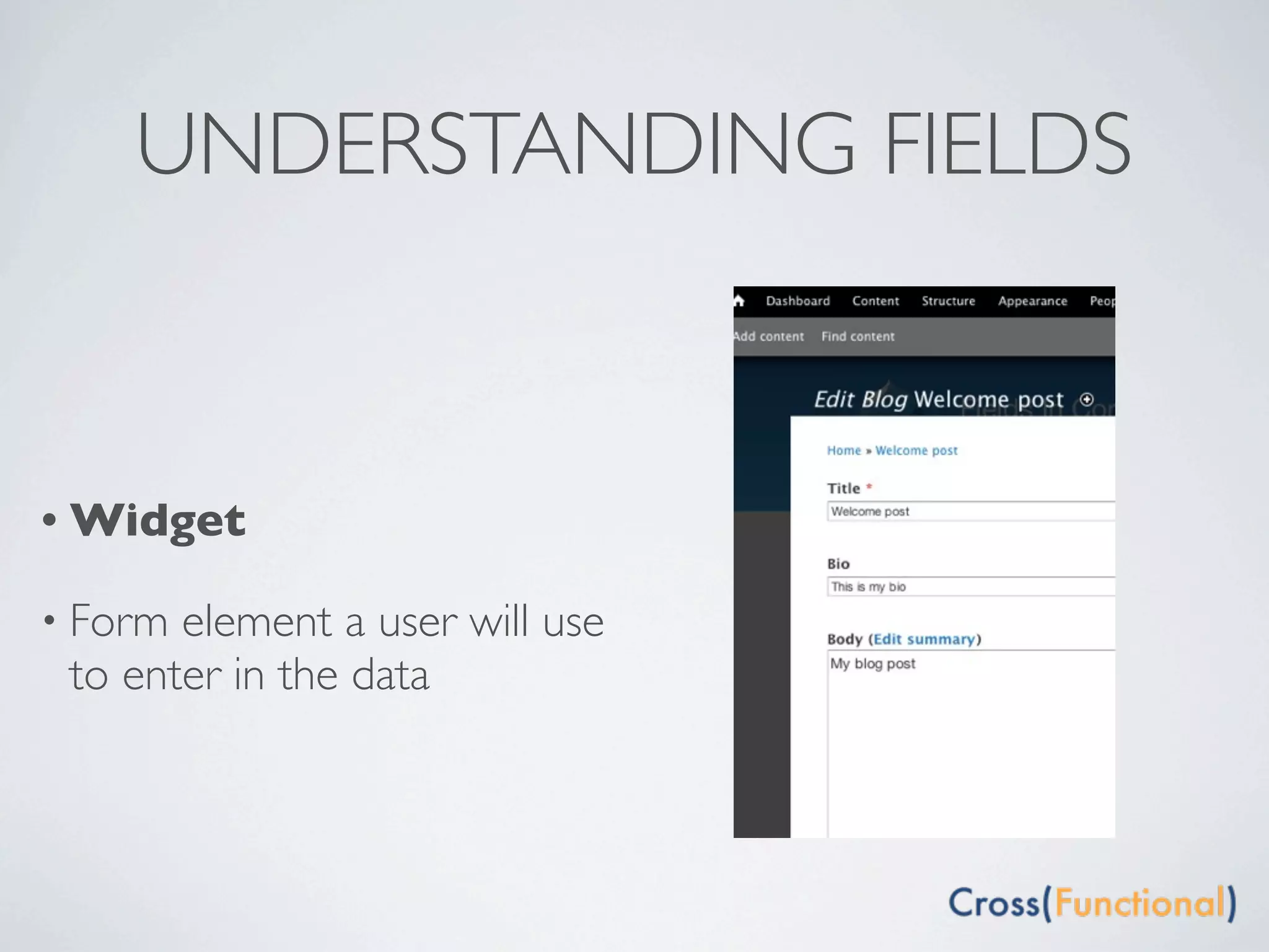UNDERSTANDING FIELDS



• Widget

• Form element a user will use
 to enter in the data
 